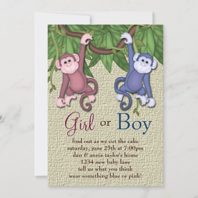 Pink Blue Monkey Gender Reveal Party Invitations (Front)