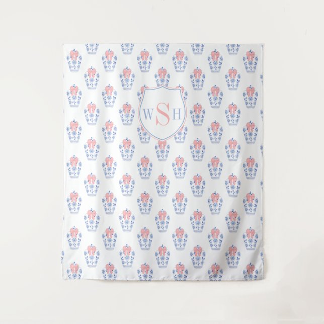 Pink Blue Monogram Baby Shower Photo Backdrop Tapestry (Front)