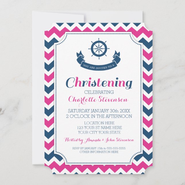 Pink Blue Nautical Custom Christening Invitations (Back)