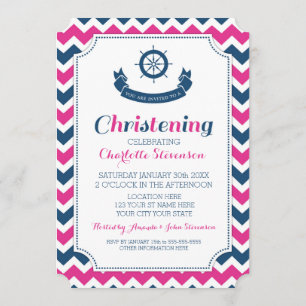 Pink Blue Nautical Custom Christening Invitations