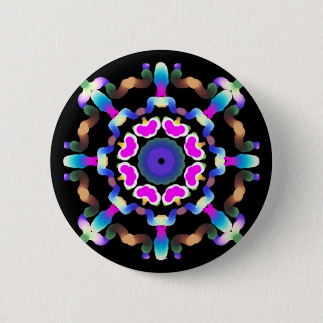 *~* Pink Blue Neon  Mandala on Black 6 Cm Round Badge (Front)