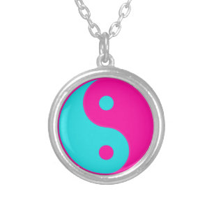 Pink/ Blue Neon Yin Yang Silver Plated Necklace
