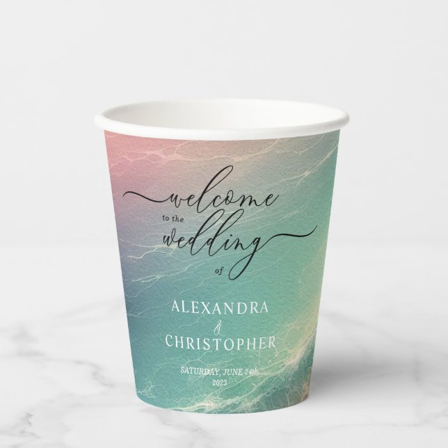 Pink Blue Ocean Beach Sand Signature Boho Paper Cups (Front)