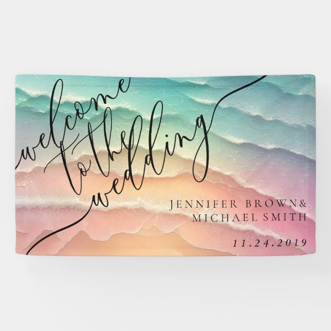 Pink Blue Ocean Beach Summer Party Welcome Wed Banner (Horizontal)