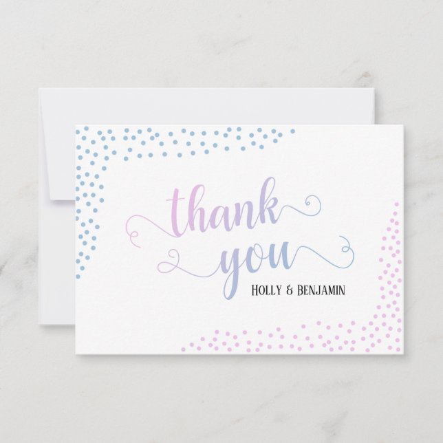 Pink & Blue Ombré Confetti Typography Baby Shower Thank You Card (Front)