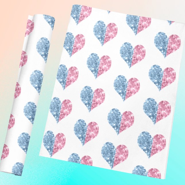 Pink Blue Ombre Glitter Hearts Baby Gender Reveal Wrapping Paper (Creator Uploaded)