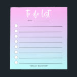 Pink Blue Ombre To Do List Girly Notepad<br><div class="desc">Modern and practical notepad that will help you get your days organised! This checklist has lines and circles where you can check them off as you get the tasks done. A big helper to get things done without procrastinating! The background is a beautiful pink and blue ombre colour. Customise this...</div>