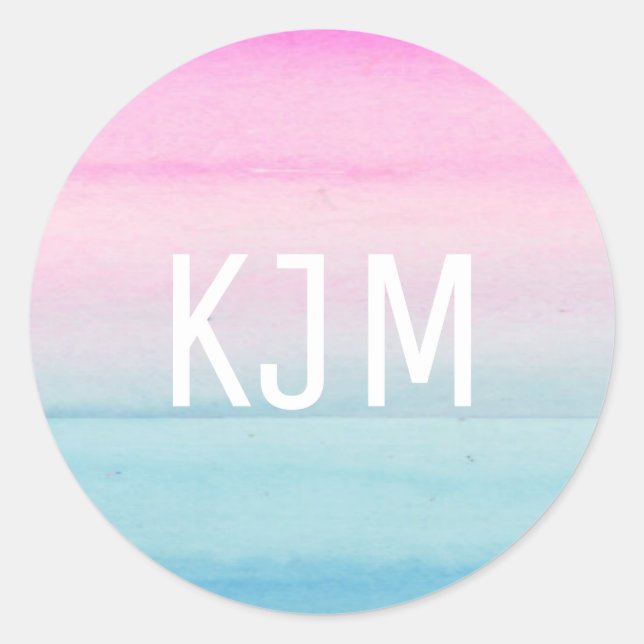 Pink Blue Ombre Watercolor | Monogram Classic Round Sticker (Front)