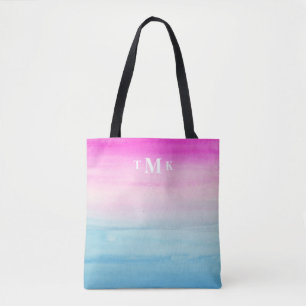 Pink Blue Ombre Watercolor Monogram Tote Bag
