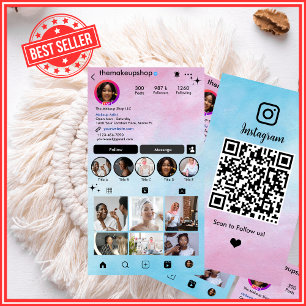 Pink Blue Ombre Watercolour Instagram QR Code Business Card