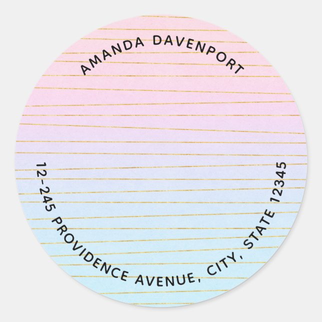 Pink Blue Ombre with Gold Lines Address Classic Round Sticker (Front)