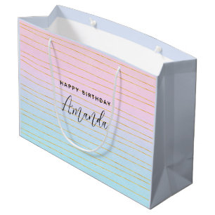 Pink Blue Ombre with Gold Lines Birthday Large Gift Bag