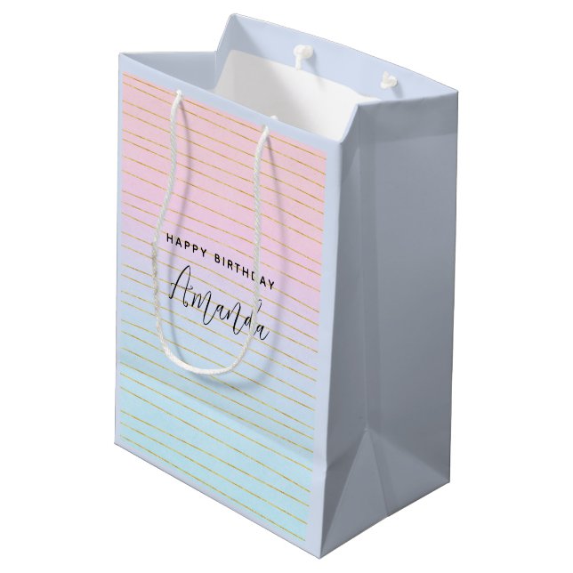 Pink Blue Ombre with Gold Lines Birthday Medium Gift Bag (Back Angled)
