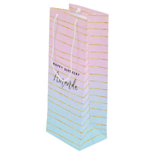Pink Blue Ombre with Gold Lines Birthday Wine Gift Bag