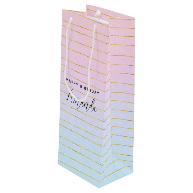 Pink Blue Ombre with Gold Lines Birthday Wine Gift Bag (Back Angled)