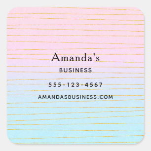 Pink Blue Ombre with Gold Lines Business Square Sticker