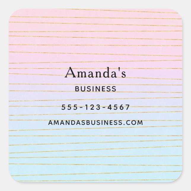 Pink Blue Ombre with Gold Lines Business Square Sticker (Front)