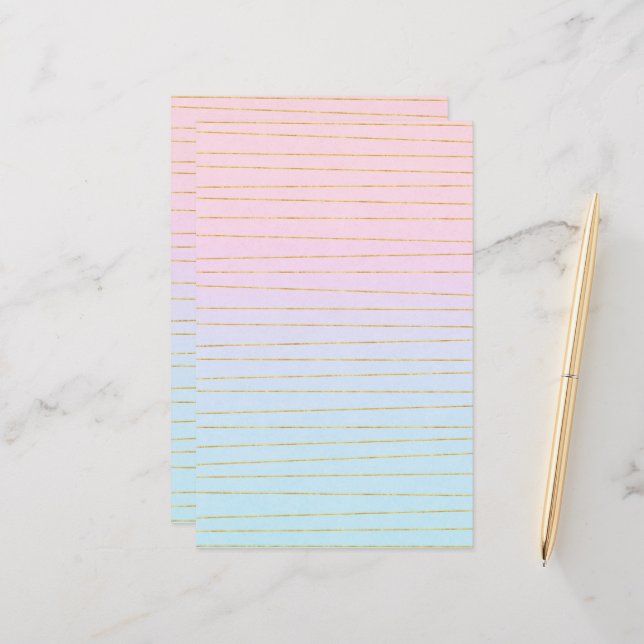 Pink Blue Ombre with Gold Lines Stationery (Front/Back In Situ)
