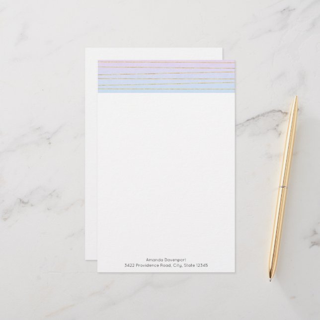 Pink Blue Ombre with Gold Lines Stationery (Front/Back In Situ)
