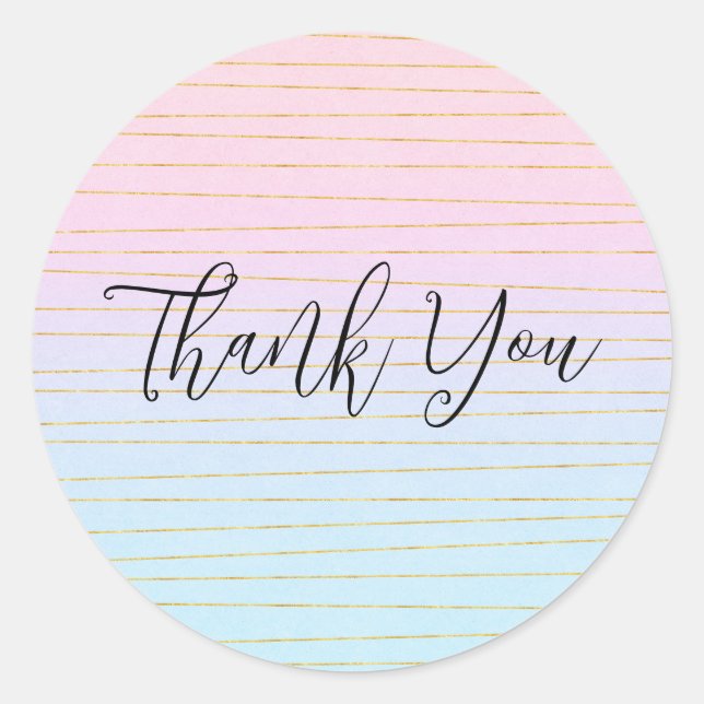 Pink Blue Ombre with Gold Lines Thank You Classic Round Sticker (Front)