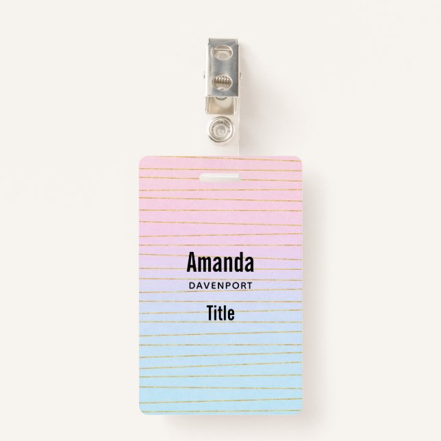 Pink Blue Ombre with Thin Gold Lines ID Badge (Front with Clip)