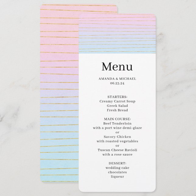 Pink Blue Ombre with Thin Gold Lines Wedding Menu Invitation (Front/Back)