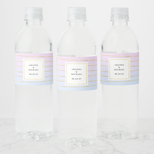 Pink Blue Ombre with Thin Gold Lines - Wedding Water Bottle Label (Bottles)
