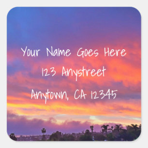 Pink blue orange bold sunset photo return address  square sticker