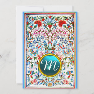 PINK BLUE ORIENTAL FLOWERS DAMASK GEM MONOGRAM INVITATION