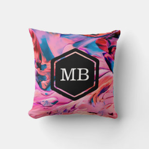 Pink blue paint swirls monogram pillow