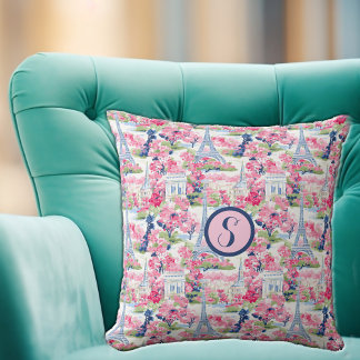 Pink & Blue Paris Patterned Monogram Cushion