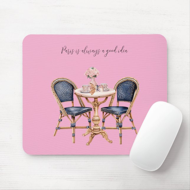 Pink Blue Paris Table Baguettes Mouse Mat (With Mouse)