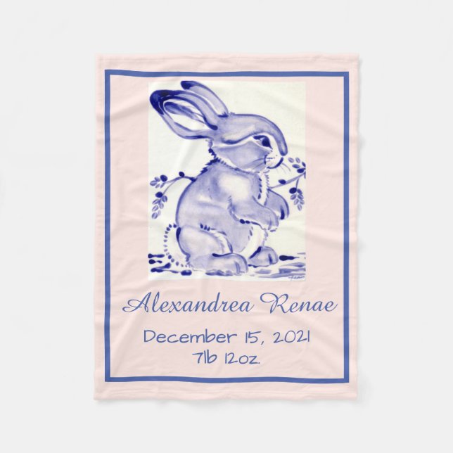 Pink & Blue Pastel Baby Bunny Rabbit Personalised Fleece Blanket (Front)