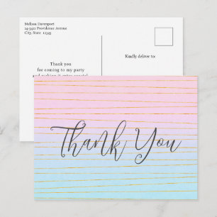 Pink Blue Pastel Gradient with Gold Line Thank You Postcard