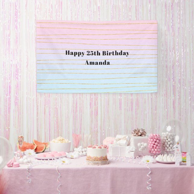 Pink Blue Pastel Gradient with Gold Lines Birthday Banner (Party)