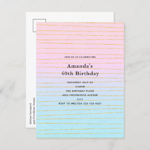Pink Blue Pastel Gradient with Gold Lines Birthday Invitation Postcard
