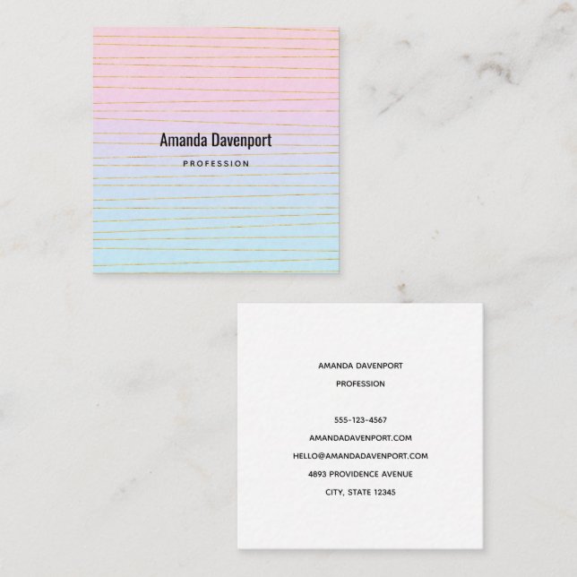 Pink Blue Pastel Gradient with Gold Lines Square Business Card (Front/Back)