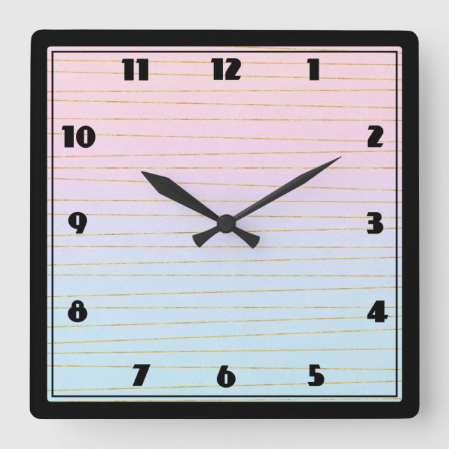 Pink Blue Pastel Gradient with Gold Lines Square Wall Clock (Front)
