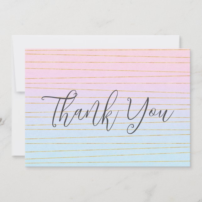 Pink Blue Pastel Gradient with Gold Lines Thank You Card (Front)