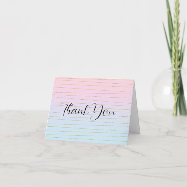 Pink Blue Pastel Gradient with Gold Lines Thank You Card (Front)