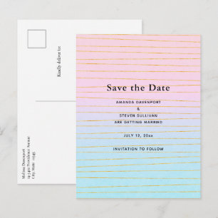 Pink Blue Pastel Gradient with Gold Lines Wedding Announcement Postcard