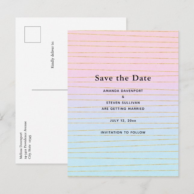 Pink Blue Pastel Gradient with Gold Lines Wedding Announcement Postcard (Front/Back)