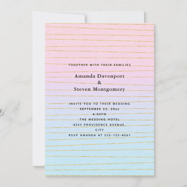 Pink Blue Pastel Gradient with Gold Lines Wedding Invitation (Front)