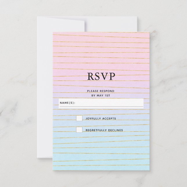 Pink Blue Pastel Gradient with Gold Lines Wedding RSVP Card (Front)