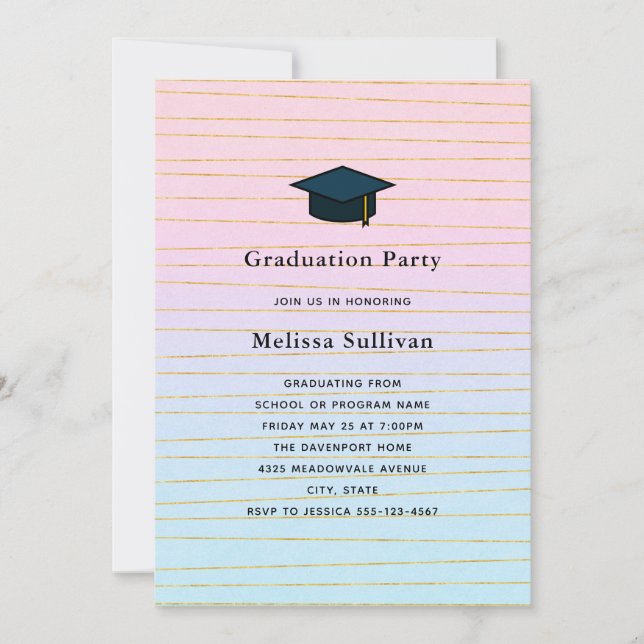 Pink Blue Pastel Ombre with Gold Lines Graduation Invitation (Front)