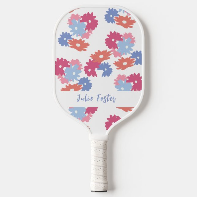 Pink Blue Patel Floral Personalised  Pickleball Paddle (Front)
