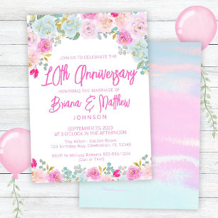Pink Blue Peach Floral 10th Wedding Anniversary  Invitation