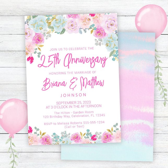 Pink Blue Peach Floral 25th Wedding Anniversary  Invitation (Creator Uploaded)