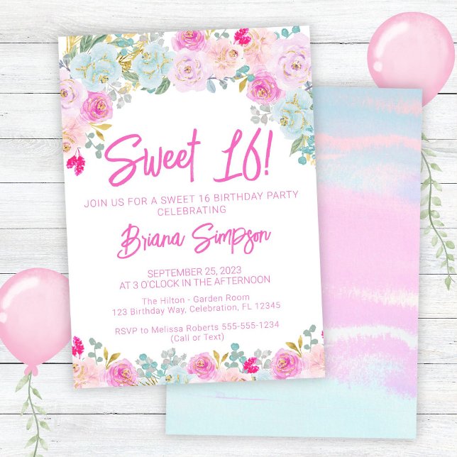 Pink Blue Peach Floral Sweet 16 Birthday Party Invitation (Creator Uploaded)