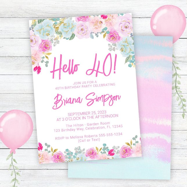 Pink Blue Peach Purple Floral 40th Birthday Party Invitation (Creator Uploaded)